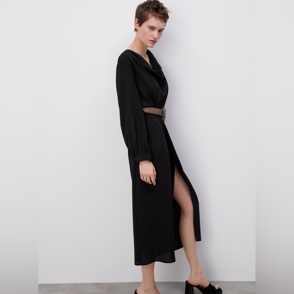 Black Belted Long Sleeve Grunge Midi Dress - Picture 7 of 7